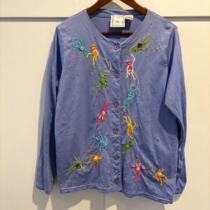 Michael Simon Lite Womens Lavender Monkey Embroidered Cardigan Sweater L Cotton‎
